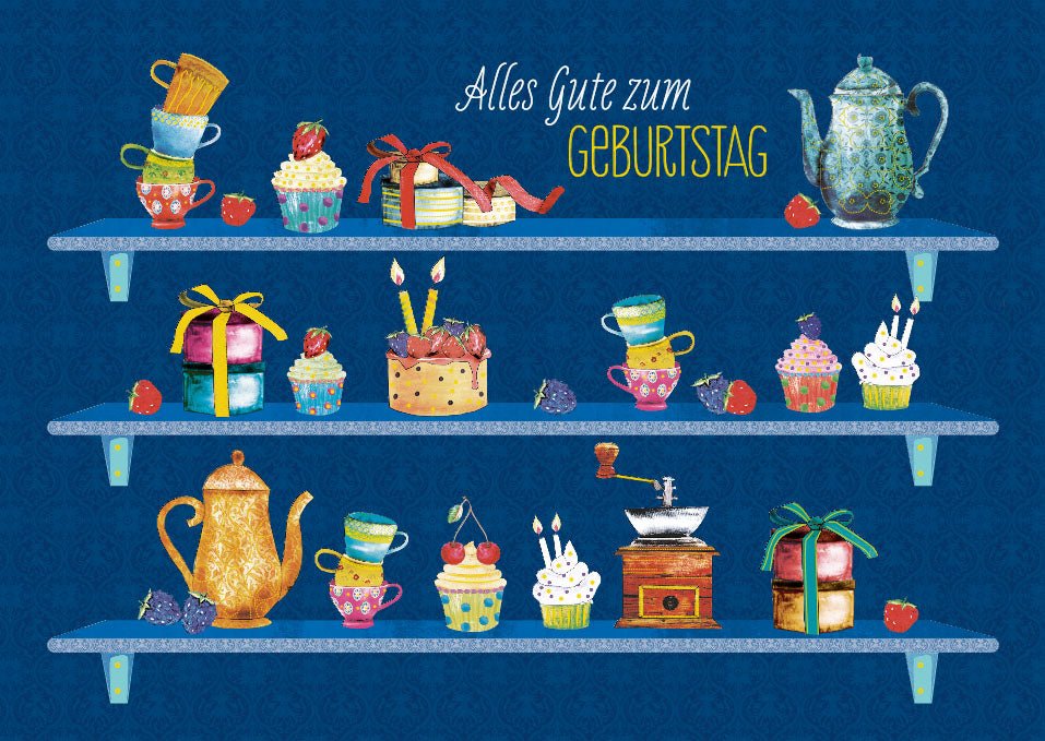Geburtstagspostkarte Regalbretter Alles Gute zum Geburtstag