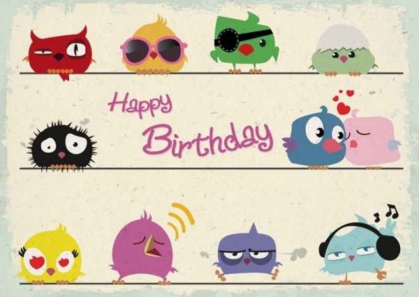 Geburtstagspostkarte Vögel bunt gezeichnet: Happy Birthday