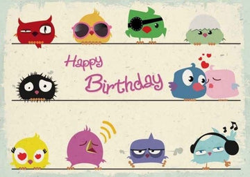 Geburtstagspostkarte Vögel bunt gezeichnet: Happy Birthday