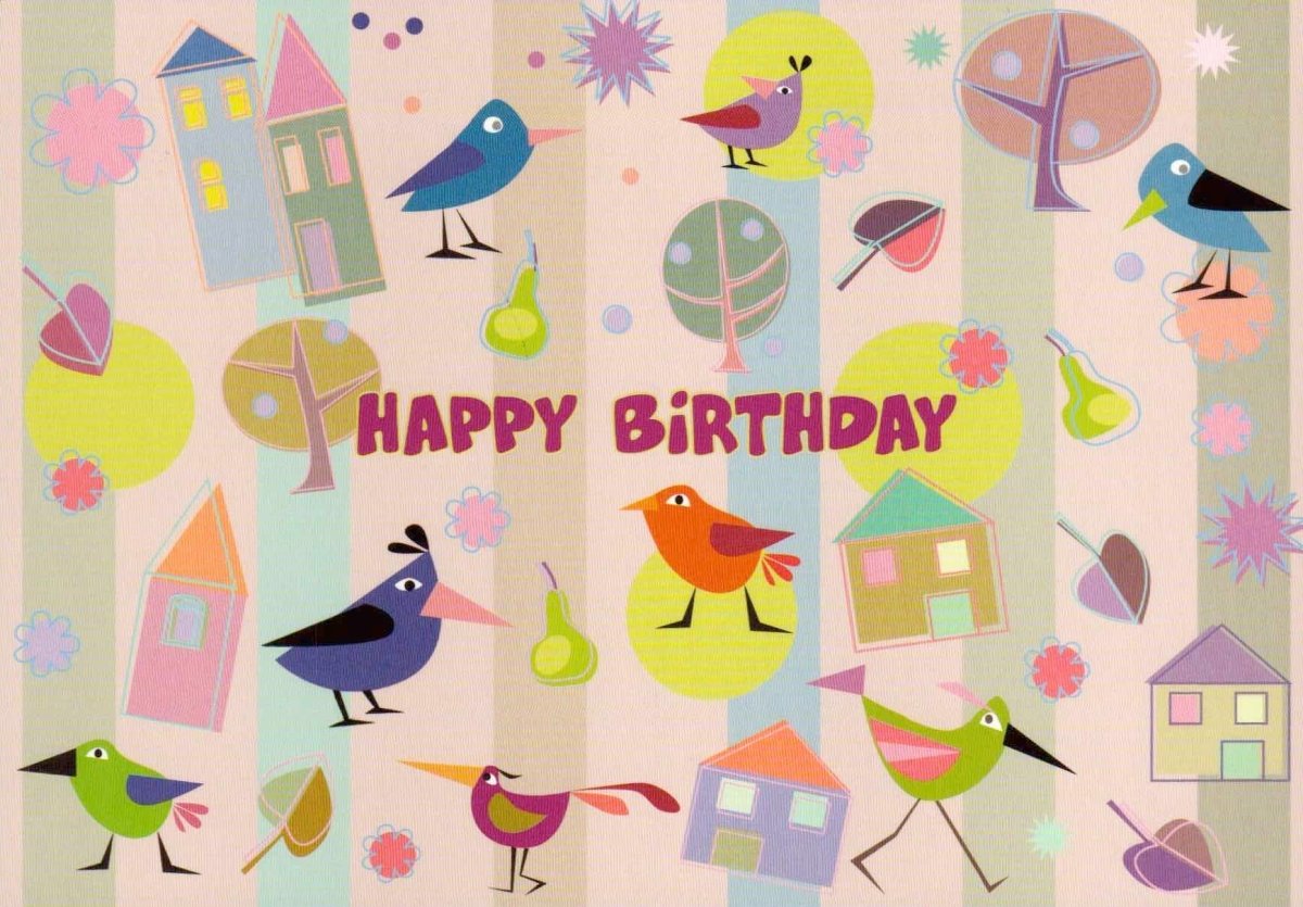 Geburtstagspostkarte Vögel und Häuser bunt gezeichnet: Happy Birthday