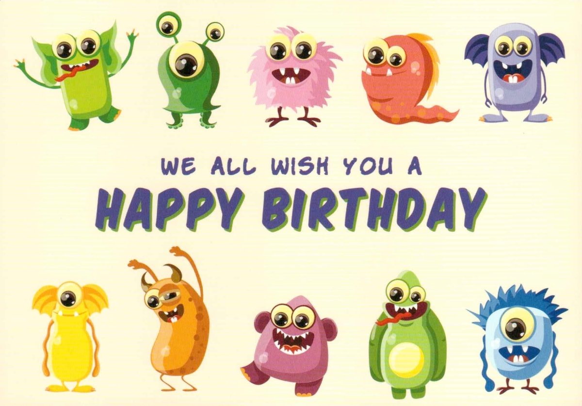 Geburtstagspostkarte We all wish you a Happy Bithday Monster