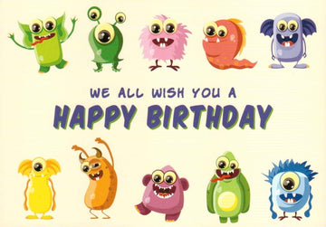 Geburtstagspostkarte We all wish you a Happy Bithday Monster