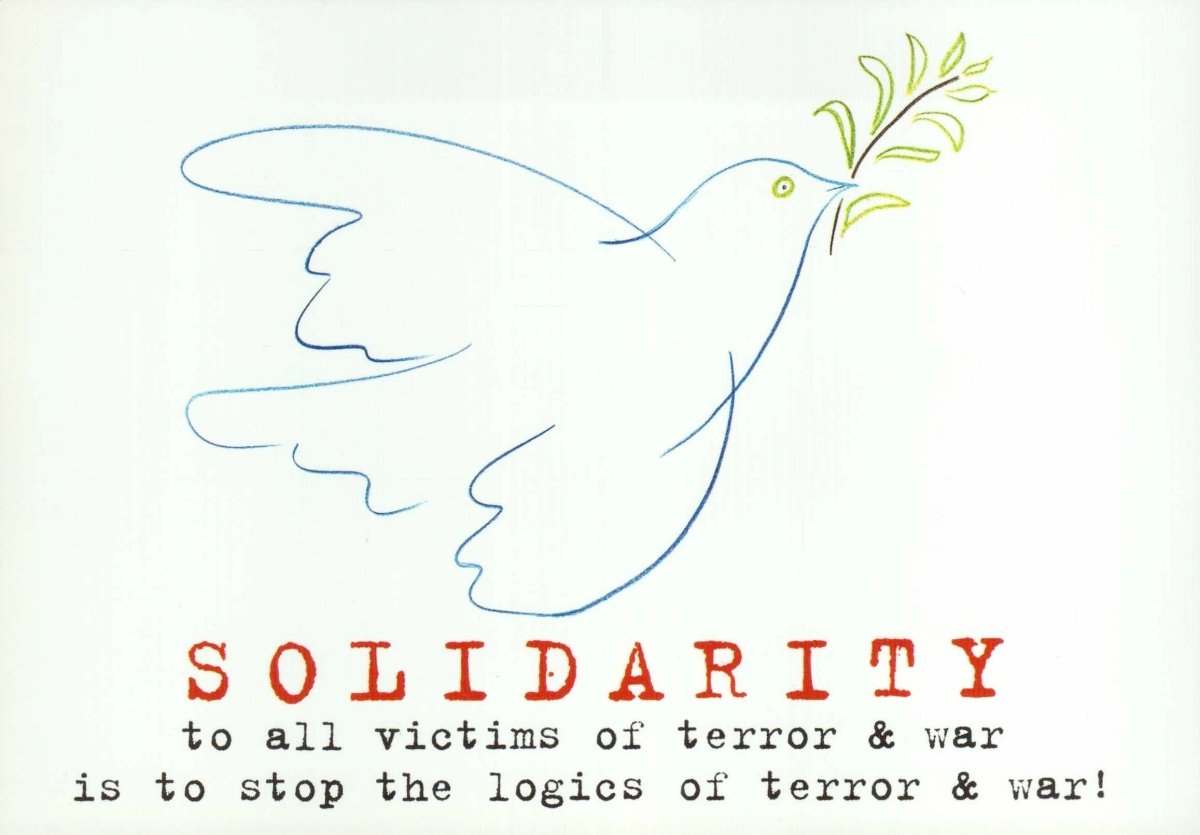 Gedenk - Postkarte Friedenstaube: Solidarität & Respekt, Antikrieg Botschaft - Hoffnung, Einheit, Mitgefühl, Spirituell