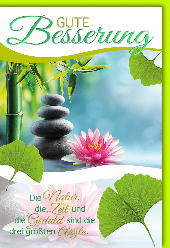 Genesungskarte für Erholung & Besserungswünsche - Aufmunternde Doppelkarte mit Naturmotiv, Zeit & Geduld Spruch, Grüne & Rosa Töne - Ideal für Freunde und Familie zur Heilung und Entspannung