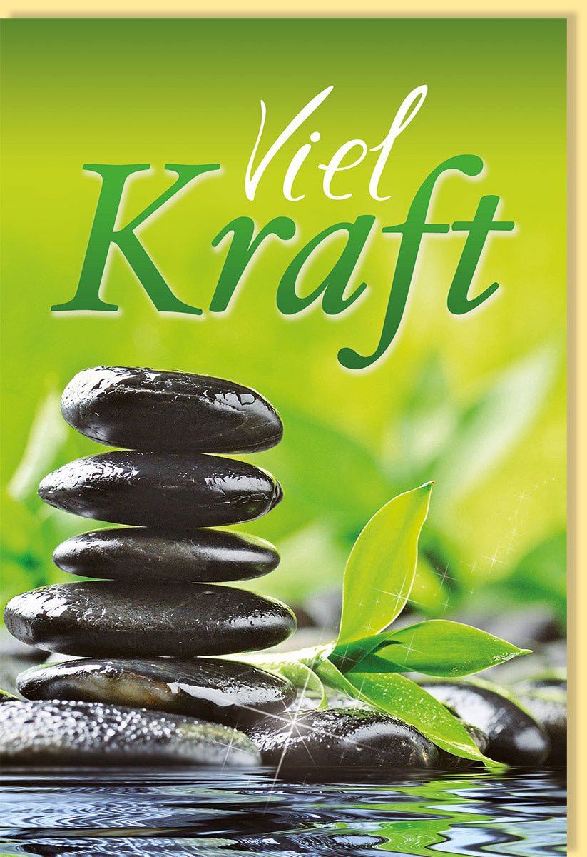 Genesungskarte für Erholung & Gesundheit - Besserungswünsche mit Naturmotiv, Steine & Wasser, Grüne Farbgebung - Aufmunternde Wellness Doppelkarte mit Kraft & Positivität für Freunde und Familie