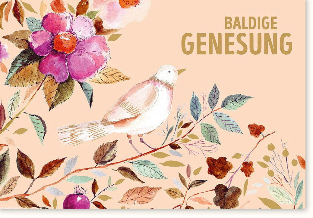 Genesungskarte für gute Besserung – Stilvolle Doppelkarte mit sanften Pastellfarben, Blumen & Vogel Design – Umsichtige Worte der Erholung und Hoffnung – Elegante Aufmunterungskarte mit Kraft und Zuversicht für Gesundheit und Genesung