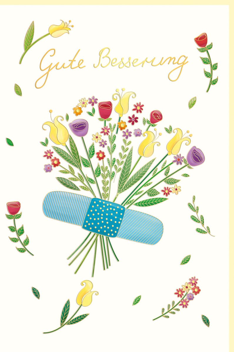 Genesungskarte mit Blumenstrauß & Pflaster Design - Besserungswünsche Grußkarte zur Aufmunterung und Erholung für Freunde und Familie, Gelb & Blau