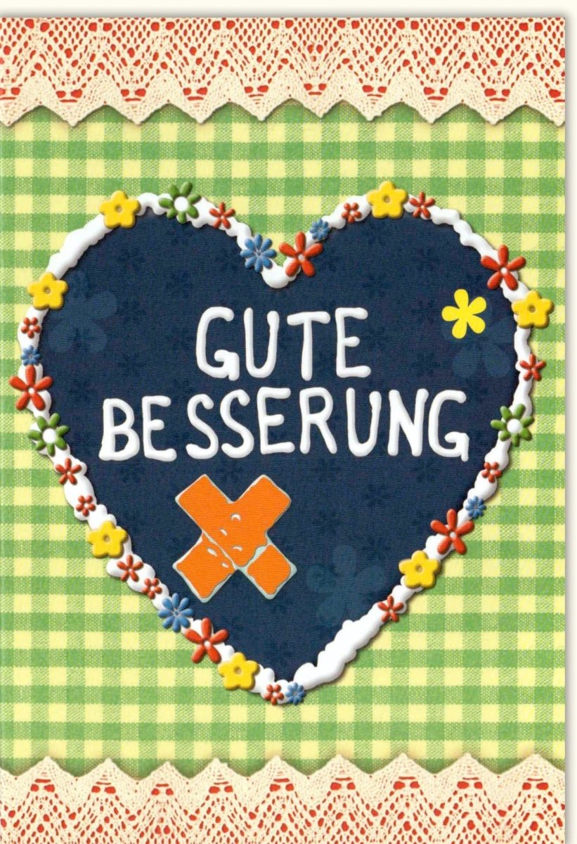 Genesungskarte mit Herz & Pflaster Design - Liebevolle Besserungswünsche, Karo & Blumenmuster für Aufmunterung und Hoffnung, 150 Zeichen