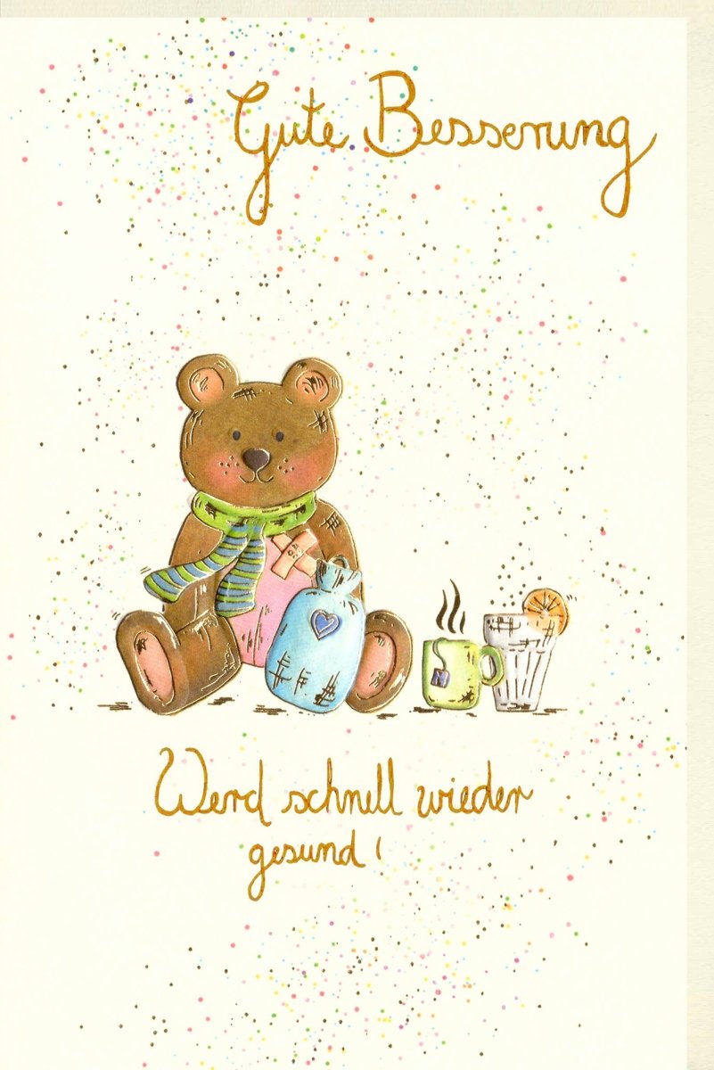 Genesungskarte mit Teddybär – Liebevolle Besserungswünsche, Aufmunternde Grußkarte zur Erholung und Gesundheit, Umsorgend & Warmherzig