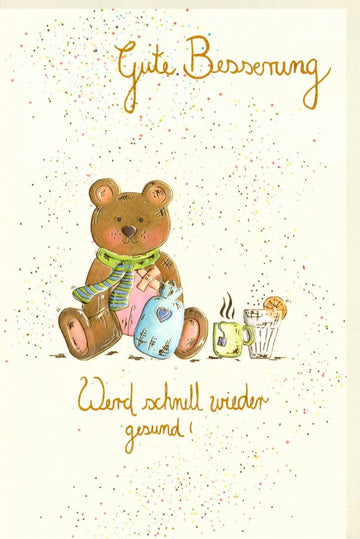 Genesungskarte mit Teddybär – Liebevolle Besserungswünsche, Aufmunternde Grußkarte zur Erholung und Gesundheit, Umsorgend & Warmherzig