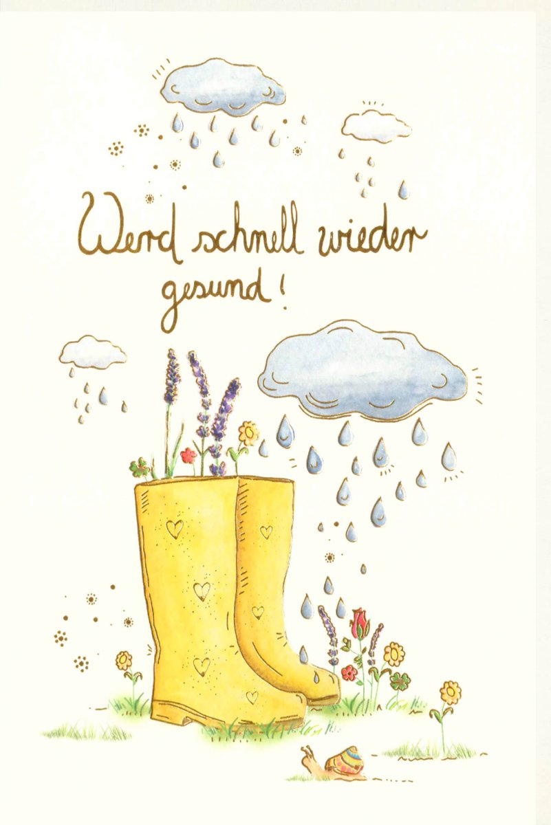 Genesungskarte "Regenwetter - Erholung": Gute Besserung & Hoffnung mit Blumen, Schneckenillustration & Wassertropfen - Aufmunternde Doppelkarte zur Krankheitsüberwindung