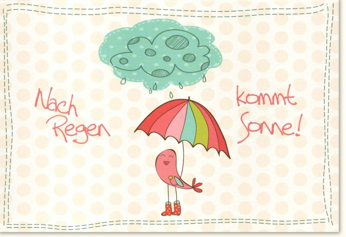 Genesungskarte zur Aufmunterung: Besserungswünsche mit farbenfroher Regenbogen - Illustration, Sonnenschein & Regenschirm - Motiv, Tröstende Wolke im Cartoon - Stil mit Punktmuster - Rand, Optimistische Hoffnungskarte