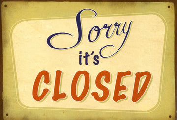 Geschäft Geschlossen Humor Postkarte - Vintage Retro Design mit Englisch Spruch 'Sorry It's Closed' Schriftzug, Dekorative Sammelobjekt Grußkarte für Geschäftsankündigungen und Scherze