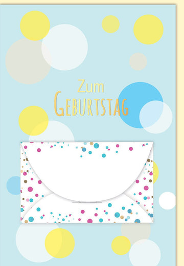 Glückwunsch Geburtstagskarte Geburtstag mit bunten Kreisen und Schriftzug Zum Geburtstag auf hellblauem Hintergrund mit passendem Umschlag