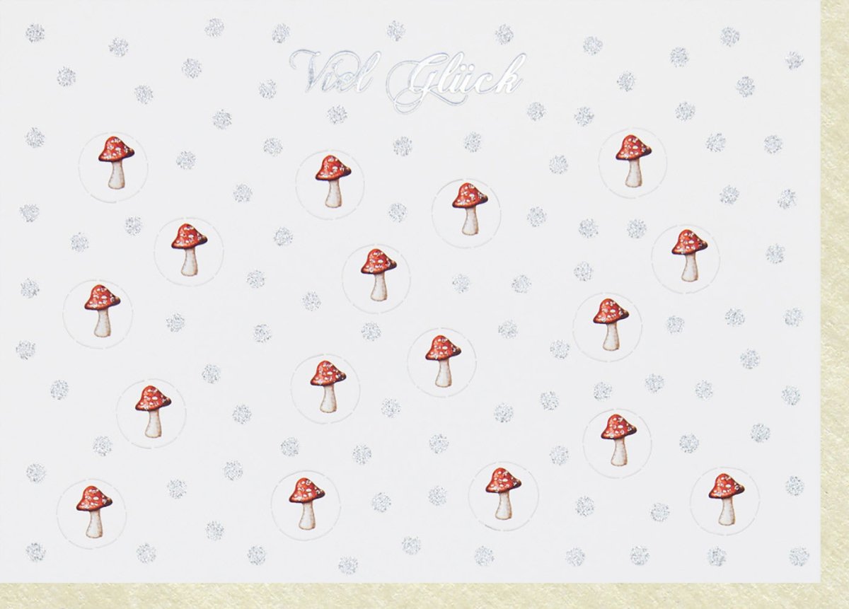 Glückwunschkarte zum Neuanfang & Prüfungserfolg - Schimmernde Doppelkarte mit Kleeblatt & Pilzmotiven, Glitzernder Fliegenpilz als Glücksbringer, Grußkarte für Viel Glück & Beste Wünsche, 210x148mm