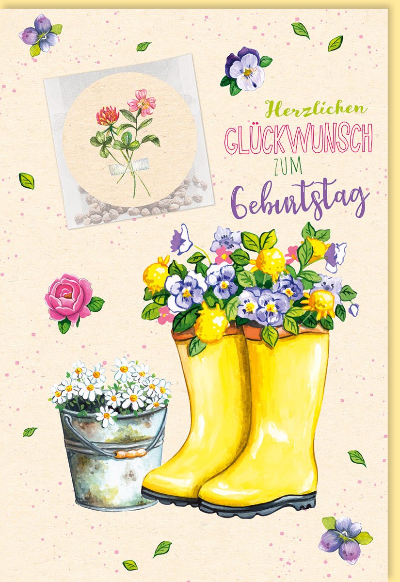 Glückwunschkarten Glückwunschkarten zum Führerschein Doppelkarte mit gelben Gummistiefeln Blumenstrauß in Eimer rosa und lila Blumen Topfpflanze Herzlichen Glückwunsch Schriftzug mit Umschlag