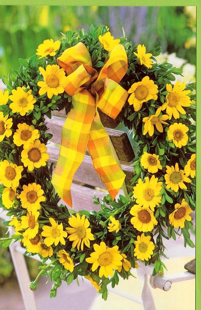 Grußkarte Blumenkranz gelb Stuhl Sommer