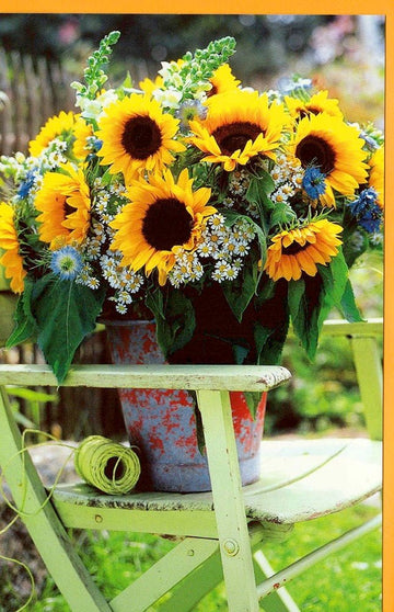 Grußkarte Eimer Sonnenblumen Gartenstuhl ohne Text