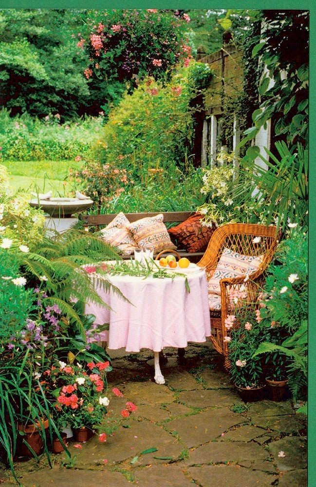 Grußkarte Garten Tisch Bank Sommer gemütlich kein Text