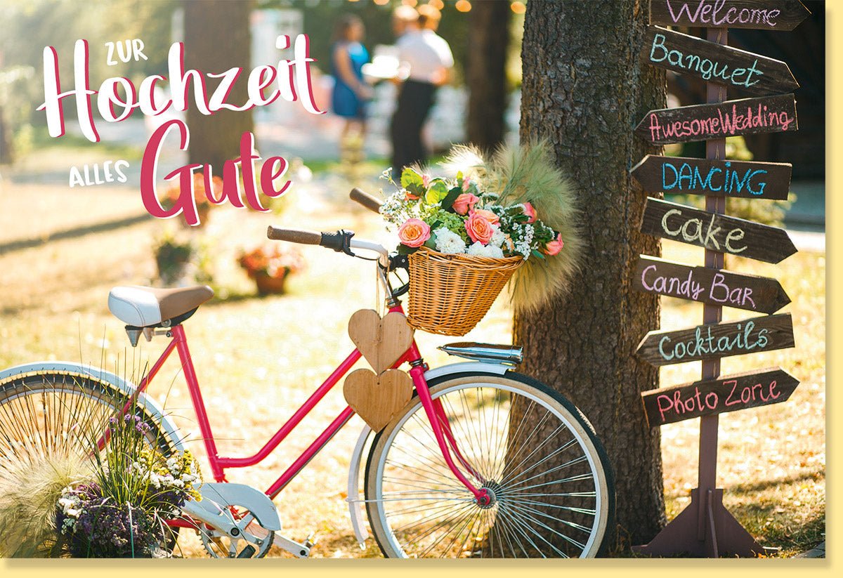 Hochzeitskarte Doppelkarte mit Fahrrad & Holzherzen - Romantische Glückwunschkarte für Paare, Vintage Blumenkorb & Wegweiser Design, Liebevolle Karte für Brautpaar, Frühlings - /Sommerhochzeit in Beige & Rosa