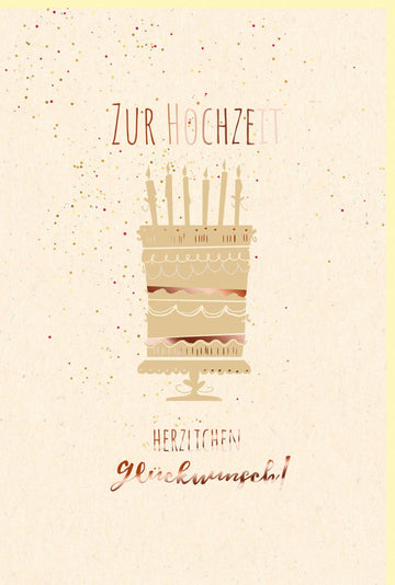 Hochzeitskarte Glückwunsch mit Hochzeitstorte & Kerzen Design, Handgefertigt auf Zuckerrohrpapier, Elegante Metallicfolie in Roségold, Ideal für Brautpaar & Jubiläum, Beige Doppelkarte