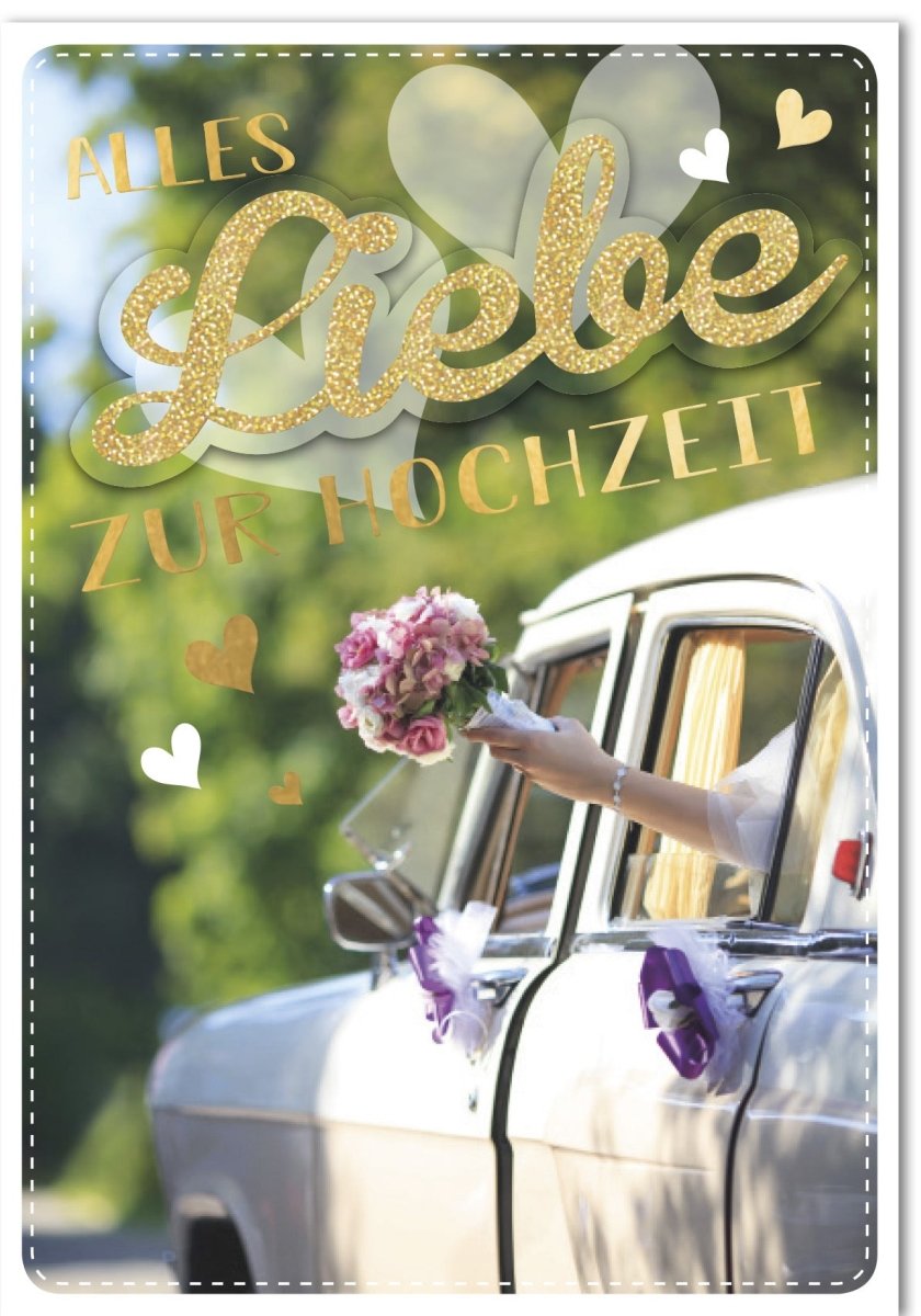 Hochzeitskarte Maxi XXL A4 - Elegante Brautstrauß & Hochzeitsauto Motive, Romantische Liebe & Glückwünsche, Großformatige Karte für Heirat, Hochzeitstag, Verlobung, Jahrestag - Festliche Herzen Dekoration im Vintage - Stil