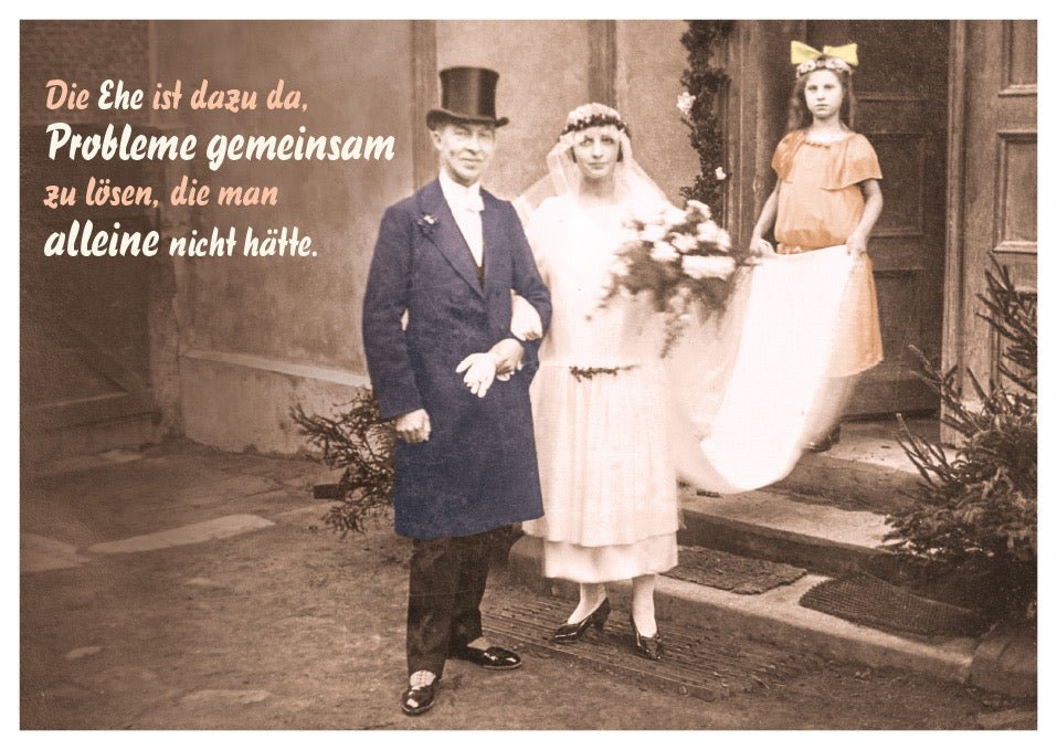 Hochzeitskarte - Witzige Retro Postkarte mit Spruch für Brautpaar, Lustig & Vintage, Humorvolle Ehe - Probleme Karte