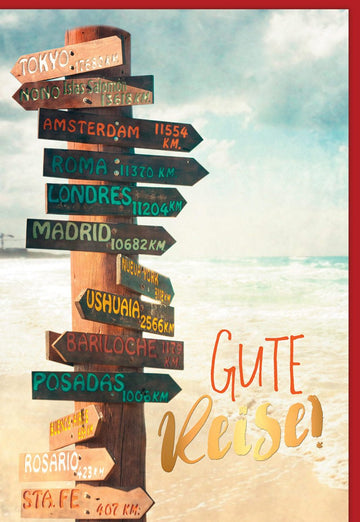 Hochzeitskarten Glückwunschkarten Silberhochzeit Doppelkarte mit Wegweisern zu verschiedenen Städten und dem Schriftzug Gute Reise auf Strandhintergrund mit Umschlag