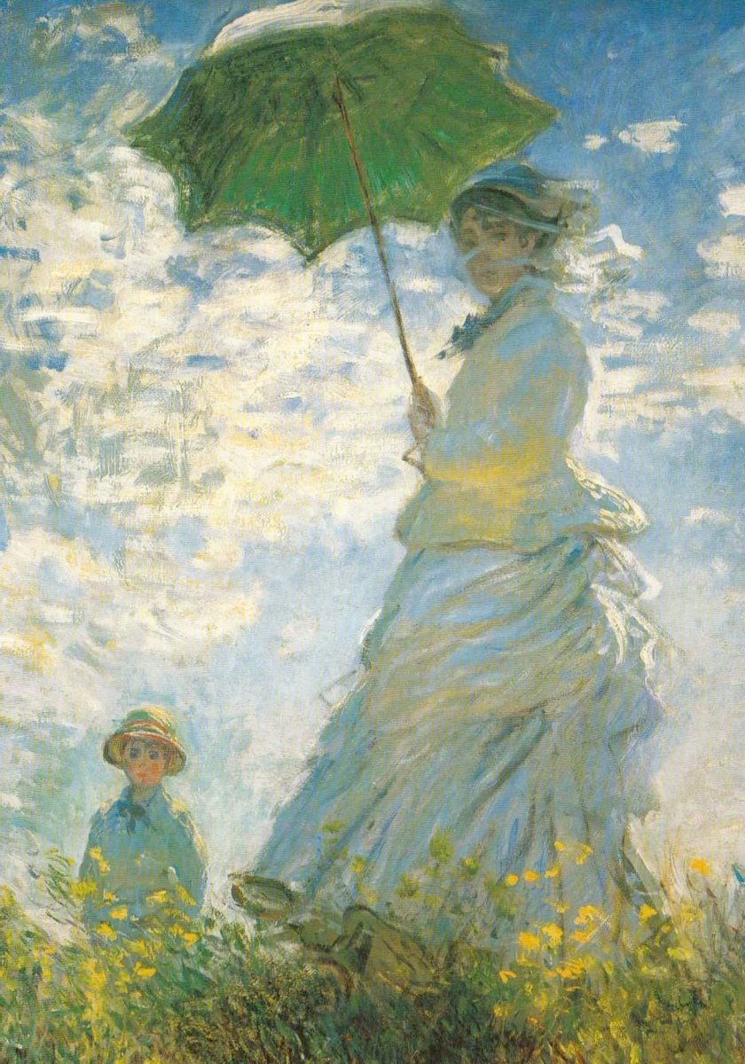 Impressionismus Kunstpostkarte - Claude Monet Gemälde, Frau mit Kind und Schirm, Natur in Grün - Blau