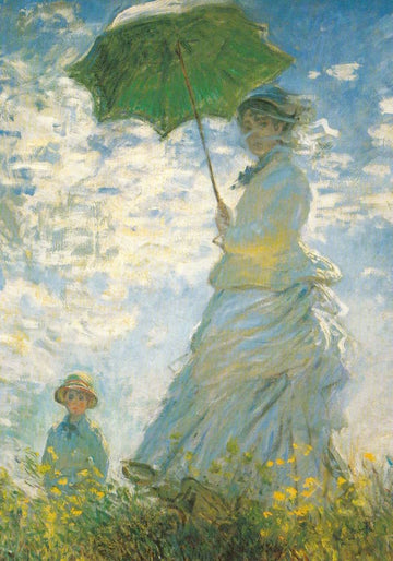 Impressionismus Kunstpostkarte - Claude Monet Gemälde, Frau mit Kind und Schirm, Natur in Grün - Blau
