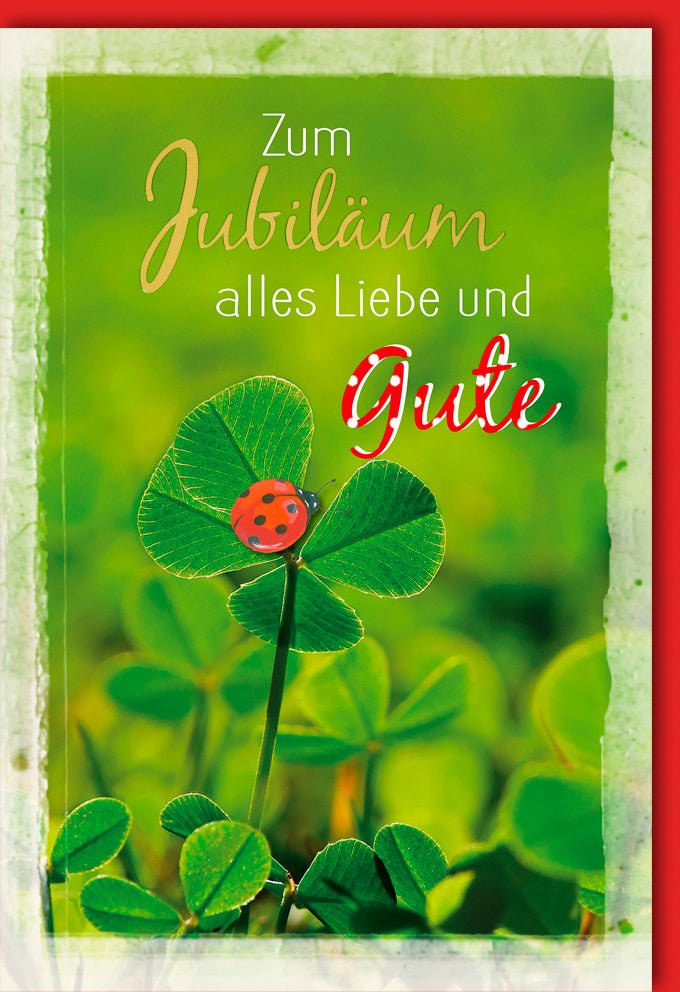 Jubiläum Doppelkarte - Glückwunschkarte mit Kleeblatt & Marienkäfer, Grüne Naturdesigns, Liebe & Glück Textbotschaft, Festliche Jubiläumsgrüße