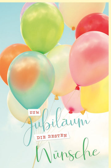 Jubiläumskarte für Erwachsene & Unternehmen - Bunte Luftballons & Pastellfarben, Festliche Glückwunschkarte mit Gratulationstext, Ideal für Jahrestag & Jubiläumsfeier, Doppelkarte mit Umschlag