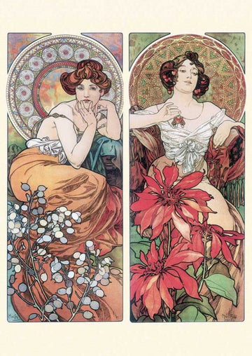 Jugendstil Geburtstagskarte - Alphonse Mucha Kunstpostkarte mit Frauen & Blumen, Elegante Vintage Postkarte mit Ornamenten, Deko - Sammelobjekt