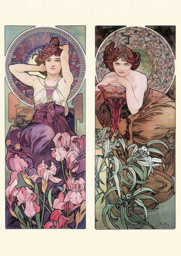 Jugendstil - Geburtstagskarte – Alphonse Mucha Kunstpostkarte mit Frauen, Blumen & Ornamenten in Lila und Grün, Dekorative Sammler - Vintage - Karte