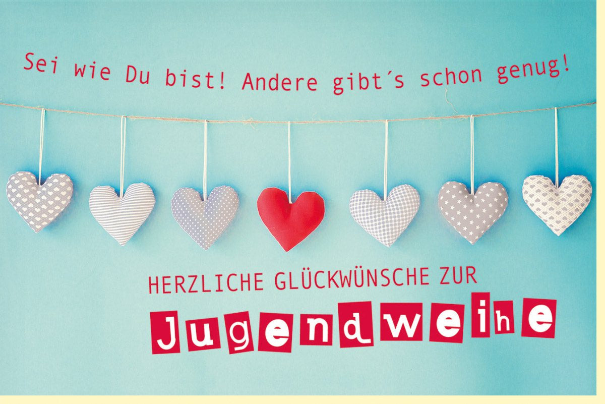 Jugendweihe Glückwunschkarte - "Herzlichen Glückwunsch & Sei wie du bist" - Einzigartige Doppelkarte für Individualität, Feier von Jugendlichen & Teenagern, Blau mit Herzen Design, 210x148mm