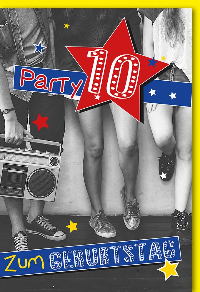Kindergeburtstag Doppelkarte - 10. Jahre Jubiläum & Party, Stern - Deko, Bunten Glückwünschen für Teenager Feier
