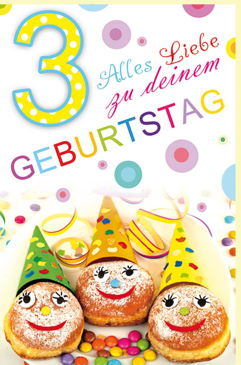 Kindergeburtstag Doppelkarte - 3. Geburtstag Glückwunschkarte mit Bunter Dekoration, Luftballons, Geburtstagskuchen & Hut Motiv, Konfetti Design für Feierlichkeit & Jubiläum - Festliche Gratulationskarte
