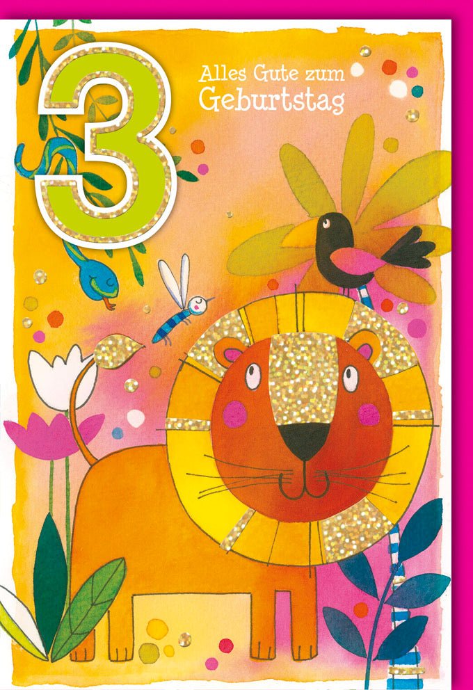Kindergeburtstag Doppelkarte - 3. Geburtstag Glückwunschkarte mit fröhlichem Löwenmotiv, Bunte Illustration für Dreijährige, Tierisches Gratulationskärtchen zur Feier des Dritten Jahrestags