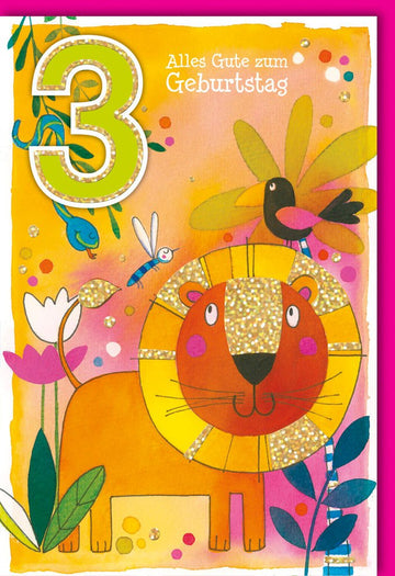 Kindergeburtstag Doppelkarte - 3. Geburtstag Glückwunschkarte mit fröhlichem Löwenmotiv, Bunte Illustration für Dreijährige, Tierisches Gratulationskärtchen zur Feier des Dritten Jahrestags
