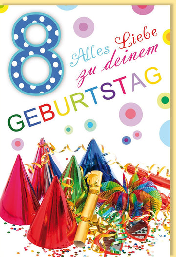 Kindergeburtstag Doppelkarte - 8 Jahre Glückwünsche mit Partyhüten & Konfetti, Bunte Gratulationskarte für Jungen & Mädchen Feier