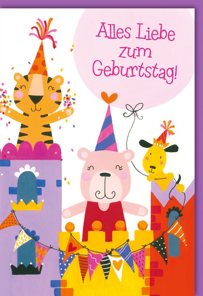 Kindergeburtstag Doppelkarte - Bunte Glückwunschkarte mit Tiermotiven, Luftballons & Geschenken - Happy Birthday Feier Spaß