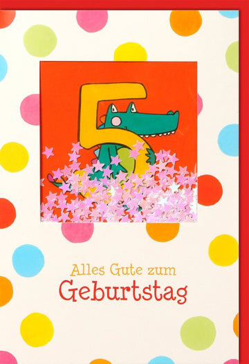 Kindergeburtstag Doppelkarte – Bunte Krokodil Glückwunschkarte mit Konfetti, Cartoon Tiermotiv für Jungen & Mädchen, Festliche Geburtstagsgruß Partyeinladung