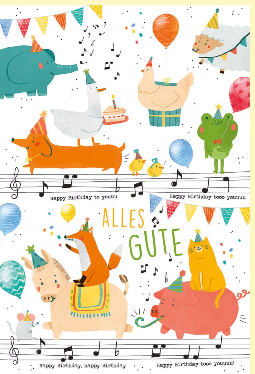 Kindergeburtstag Doppelkarte - Bunte Tierillustrationen mit Partyhüten, Wimpelketten & Konfetti auf Naturkarton - Fröhliche Einladungskarte mit Musik, Luftballons & Spaß für Kinder und Eltern