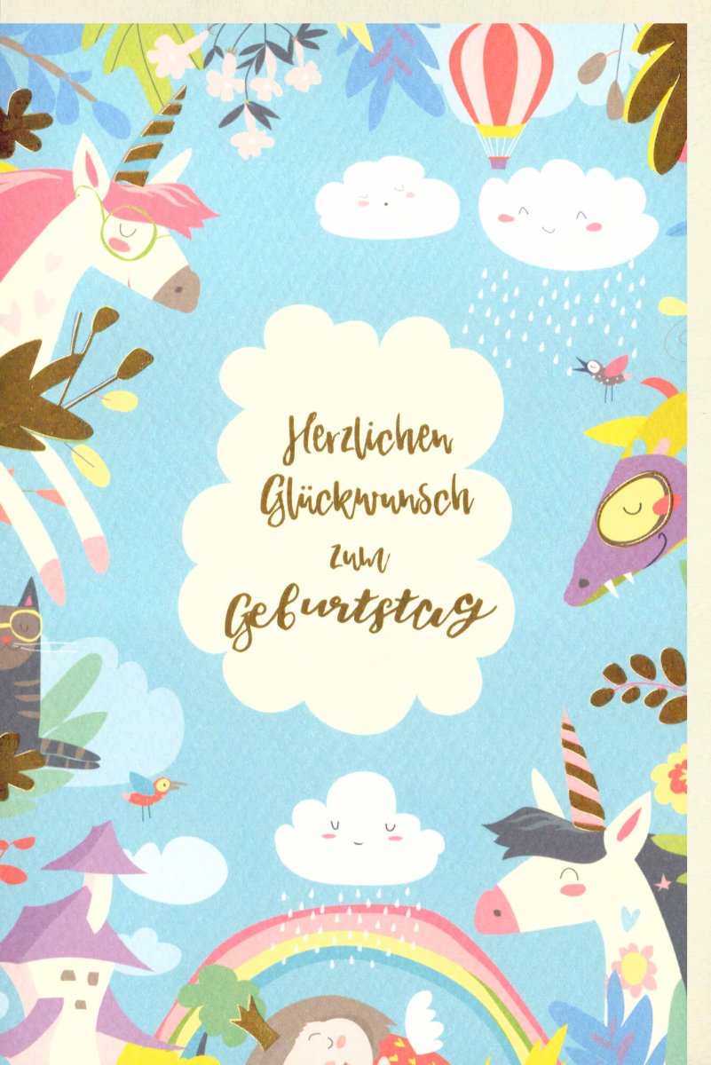 Kindergeburtstag Doppelkarte - Einhorn & Heißluftballon, Regenbogen Wolken Design, Bunte Cartoon Illustration, Fröhliche Glückwunschkarte