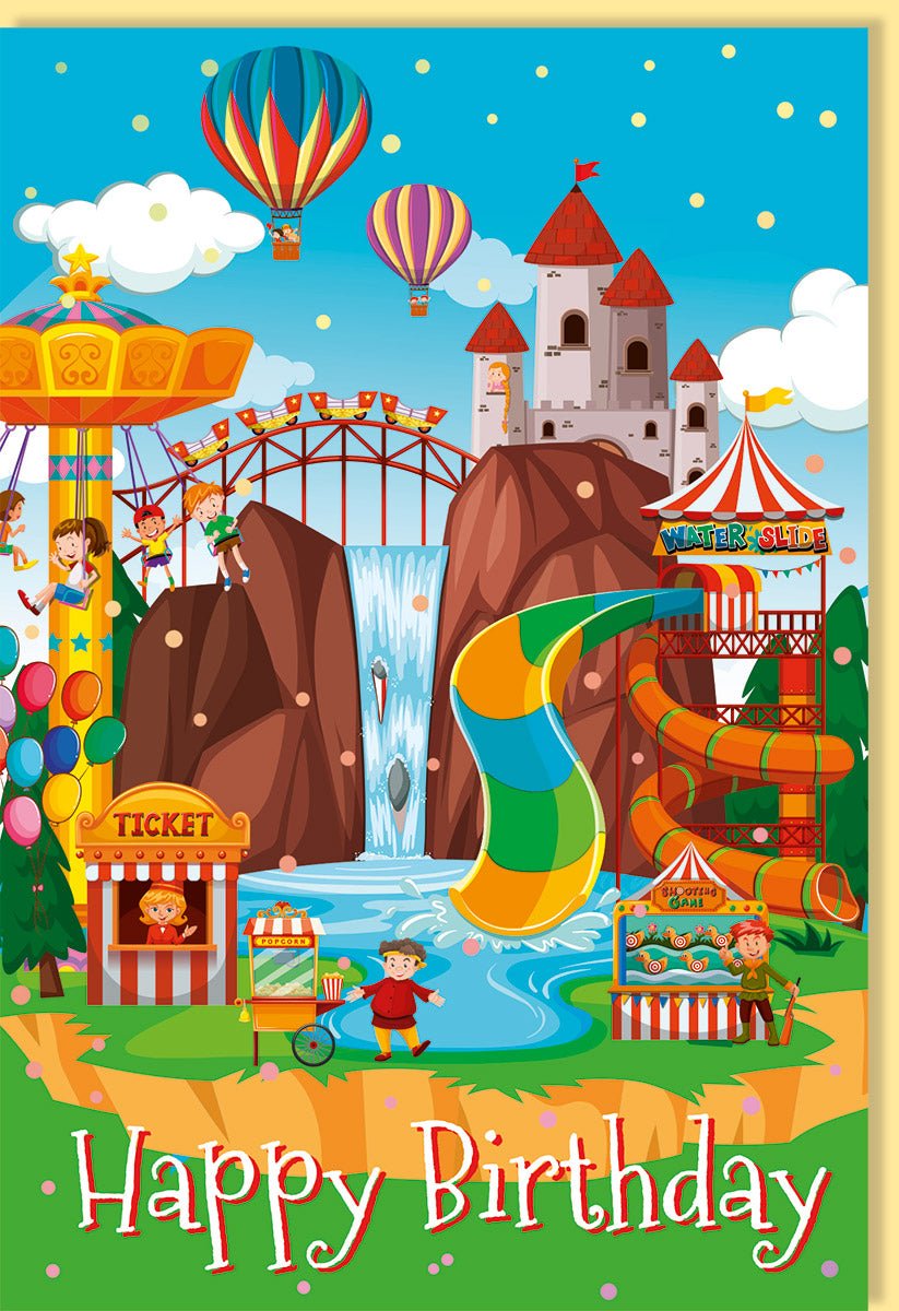 Kindergeburtstag Doppelkarte - Einladung zum Freizeitpark - Thema mit Achterbahn, Karussell & Rutsche - Bunte Partykarte mit Ballons, Heißluftballon & Schloss für Jungen und Mädchen - Wasserspiel & Luftschlangen Design in Grün, Blau, Gelb