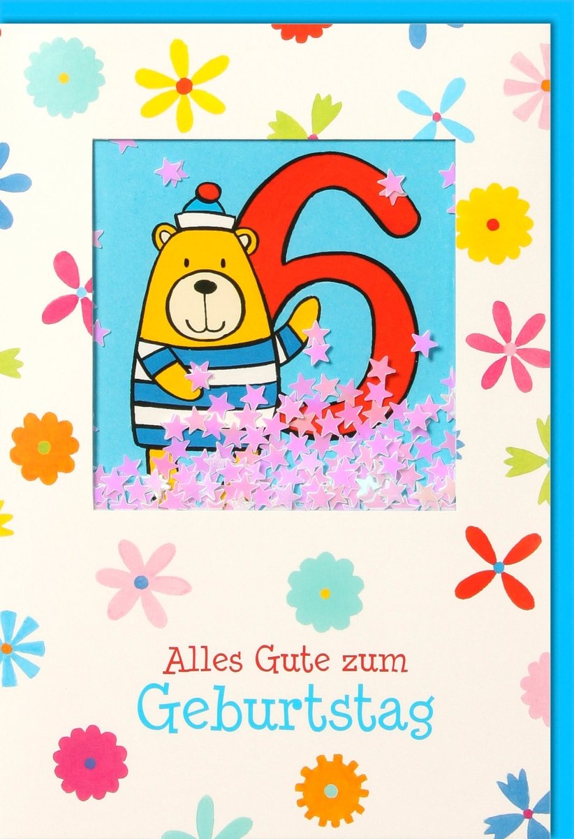 Kindergeburtstag Doppelkarte - Fröhliche Bär & Blumen Motiv Glückwunschkarte mit Buntem Konfetti - Alles Gute zur Feier - Bunte Party Einladungs - und Gratulationskarte