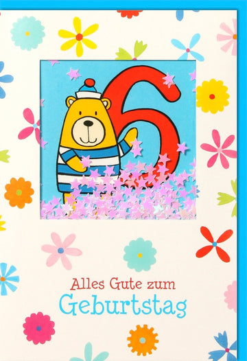Kindergeburtstag Doppelkarte - Fröhliche Bär & Blumen Motiv Glückwunschkarte mit Buntem Konfetti - Alles Gute zur Feier - Bunte Party Einladungs - und Gratulationskarte