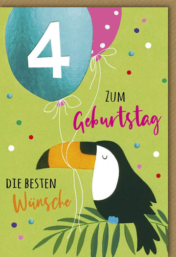 Kindergeburtstag Doppelkarte - Fröhliche Glückwunschkarte zum 4. Geburtstag mit Papagei und Luftballons, Bunte Illustration, Feierliche Gratulationskarte von Galerie Dominique Verlag