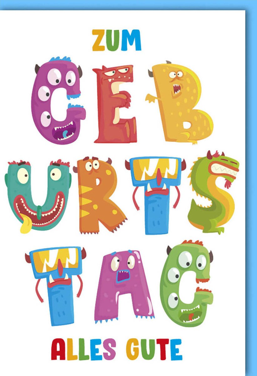 Kindergeburtstag Doppelkarte - Fröhliche Monster Gesichter, Bunte Lustige Glückwunsch Grußkarte für Jungen & Mädchen, Niedliche Farbenfrohe Geburtstagskarte mit Blauem Hintergrund