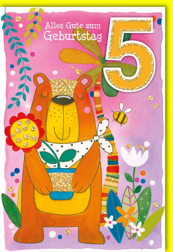 Kindergeburtstag Doppelkarte - Glückwunschkarte zum 5. Geburtstag mit Bär, Ballons & Blumen Illustration in Bunten Farben für eine Fröhliche Party Feier
